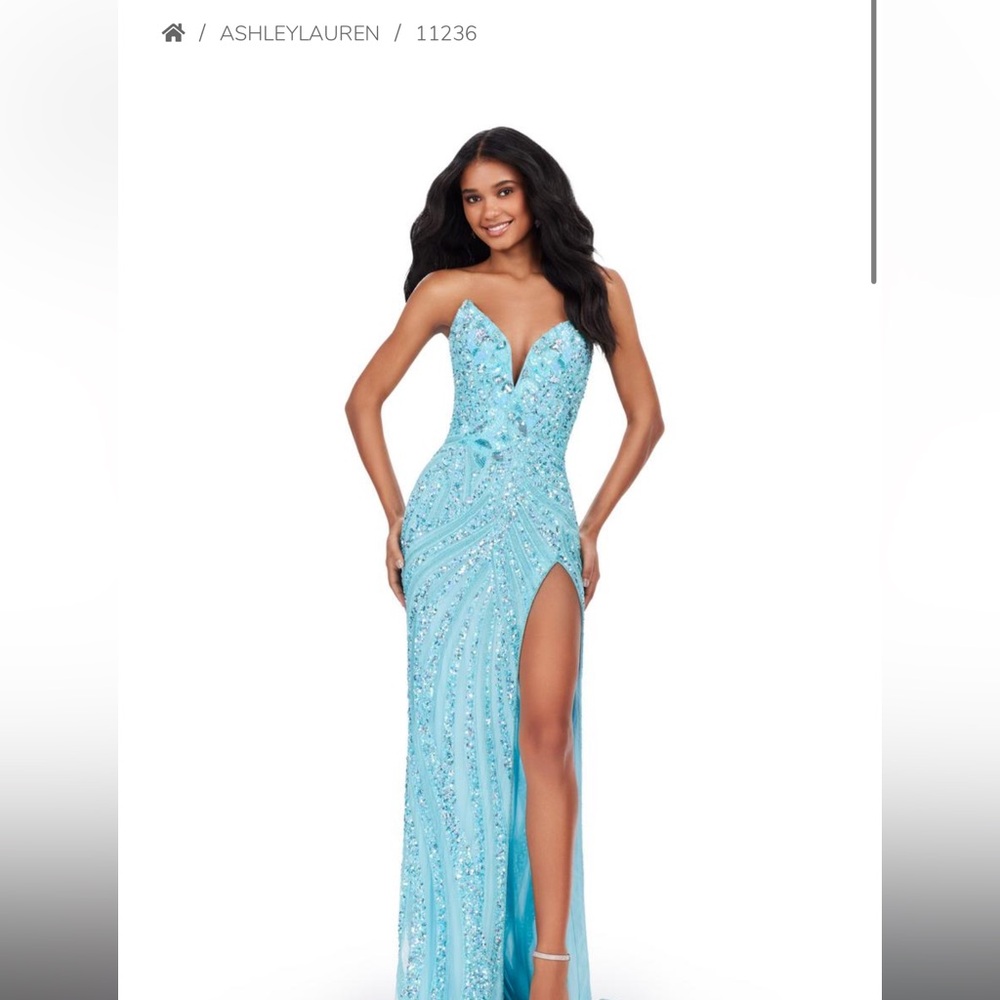 Ashley Lauren sky blue strapless prom dress